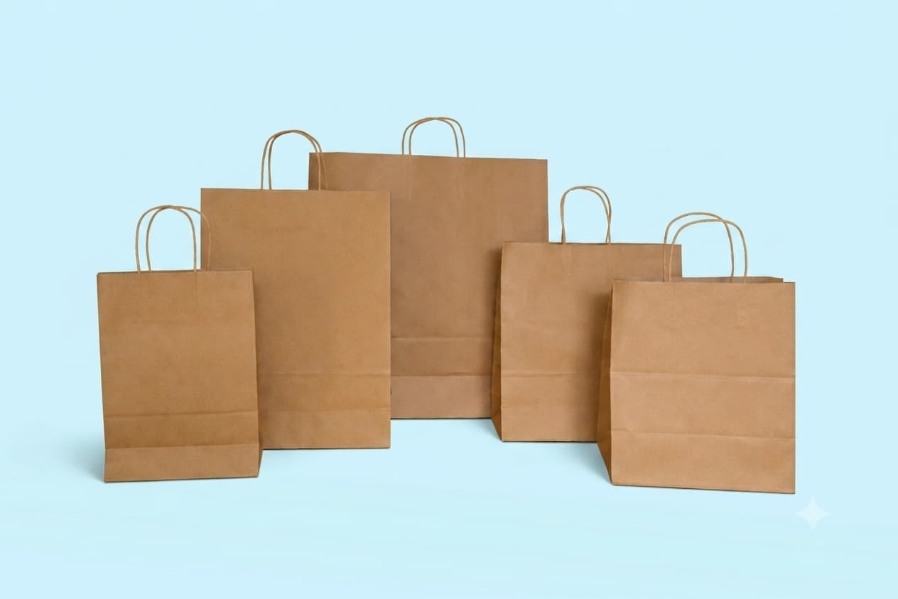 Bolsas de papel kraft con manilla en varios tamaños, impresas con logo